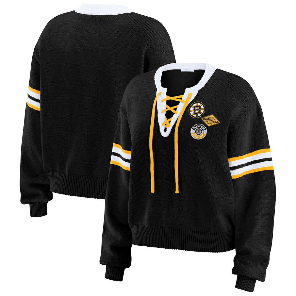 Boston Bruins WEAR by Erin Andrews Women's Cropped Lace-Up Sweater