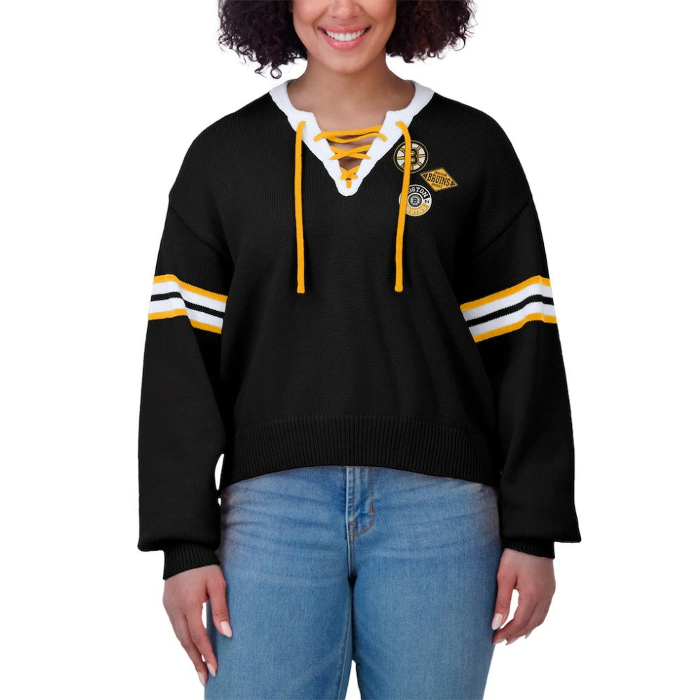 Boston Bruins WEAR by Erin Andrews Women's Cropped Lace-Up Sweater