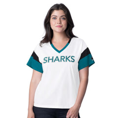 San Jose Sharks G-III 4Her by Carl Banks Women's Rink Oversized Rhinestone V-Neck T-Shirt