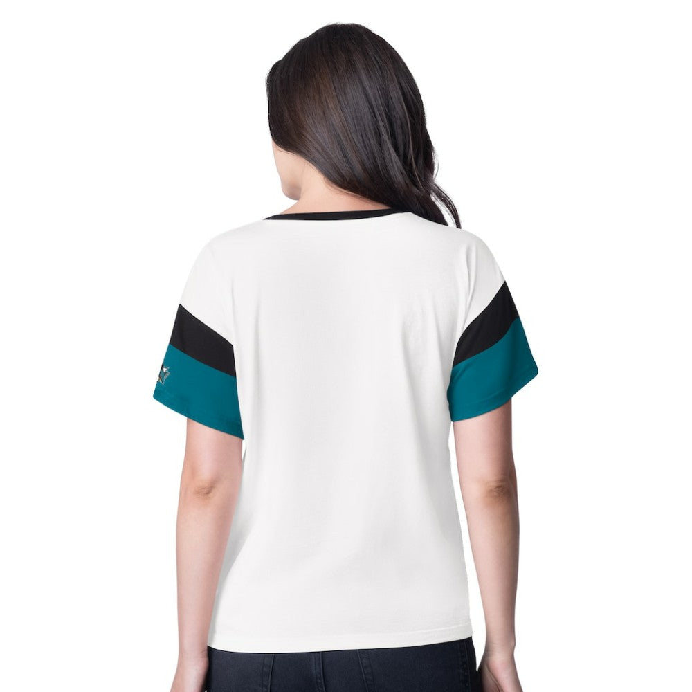 San Jose Sharks G-III 4Her by Carl Banks Women's Rink Oversized Rhinestone V-Neck T-Shirt