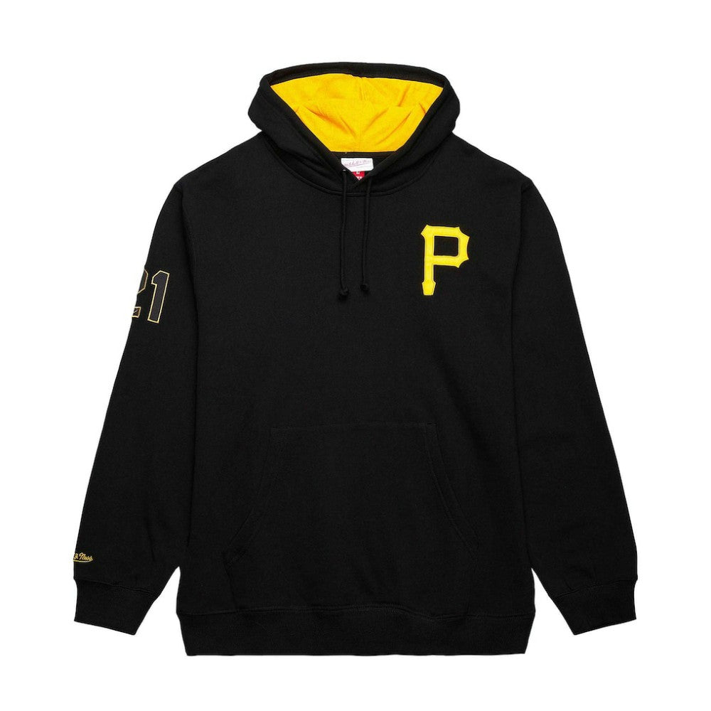 Roberto Clemente Pittsburgh Pirates Vintage Logo Name & Number Pullover Hoodie - Black | Mitchell & Ness