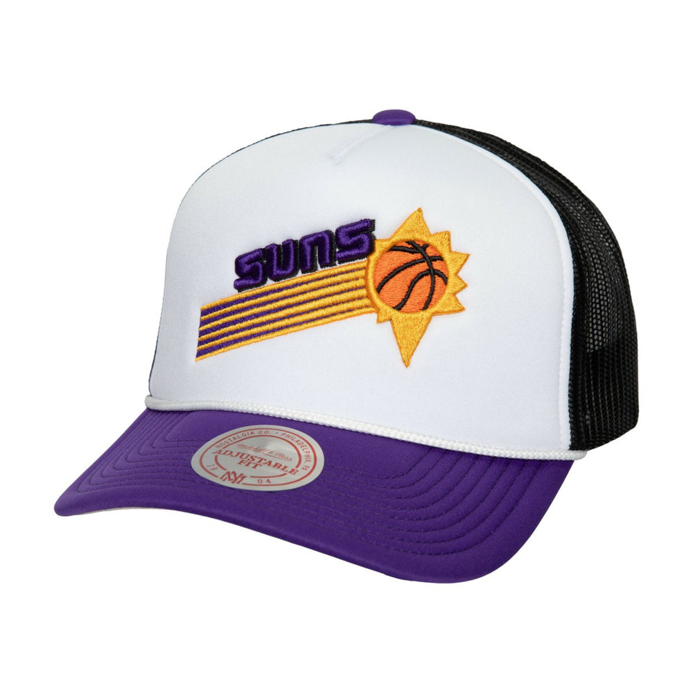 Phoenix Suns Hardwood Classics Blocker Foam Front Trucker Snapback Hat - White | Mitchell & Ness for sale