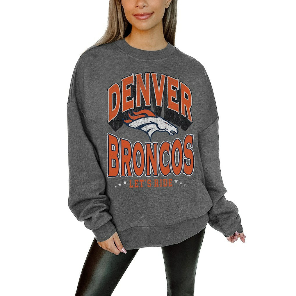NFL Denver Broncos Gameday Couture Women's Oversized Long Weekend Premium Fleece Drop Shoulder Pullover Sweatshirt