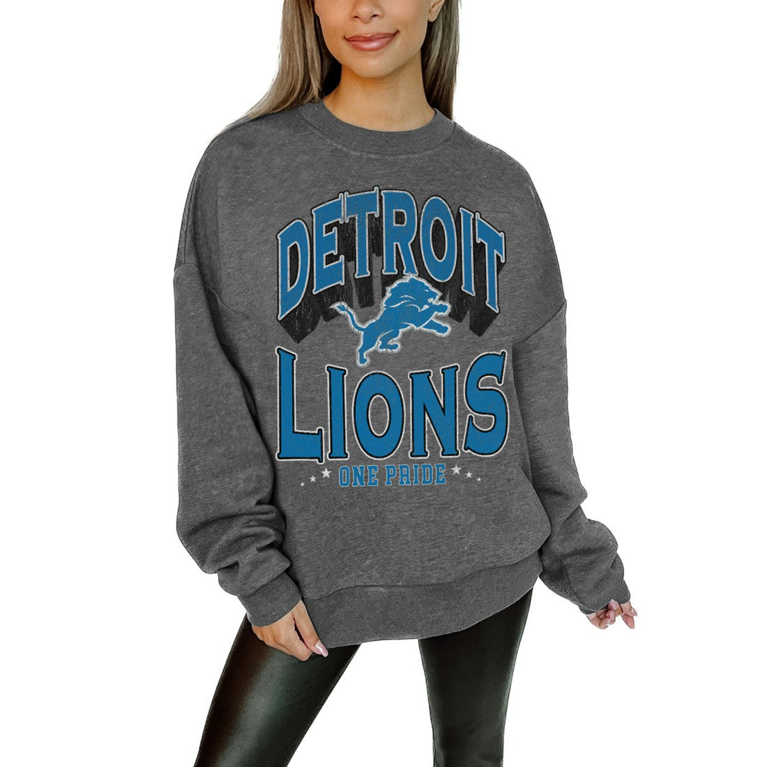 NFL Detroit Lions Gameday Couture Women's Oversized Long Weekend Premium Fleece Drop Shoulder Pullover Sweatshirt