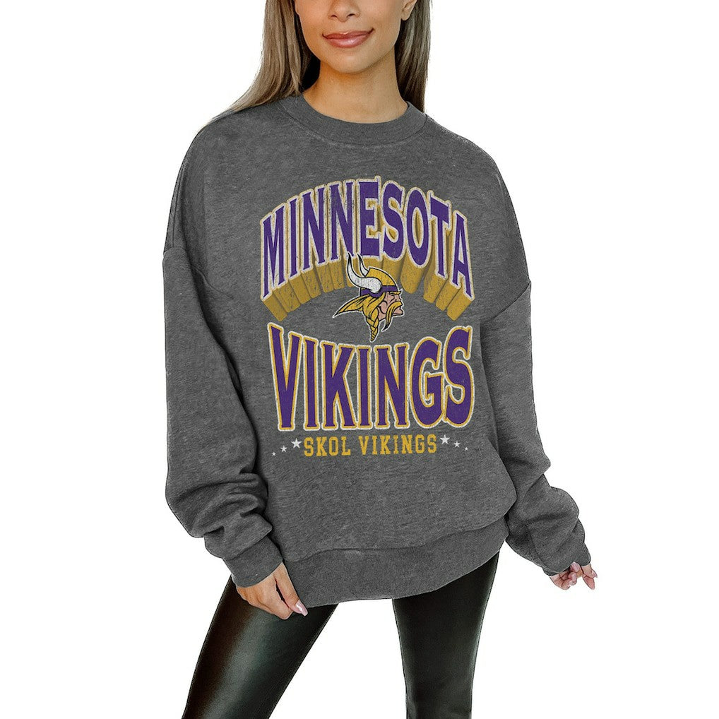NFL Minnesota Vikings Gameday Couture Women's Oversized Long Weekend Premium Fleece Drop Shoulder Pullover Sweatshirt