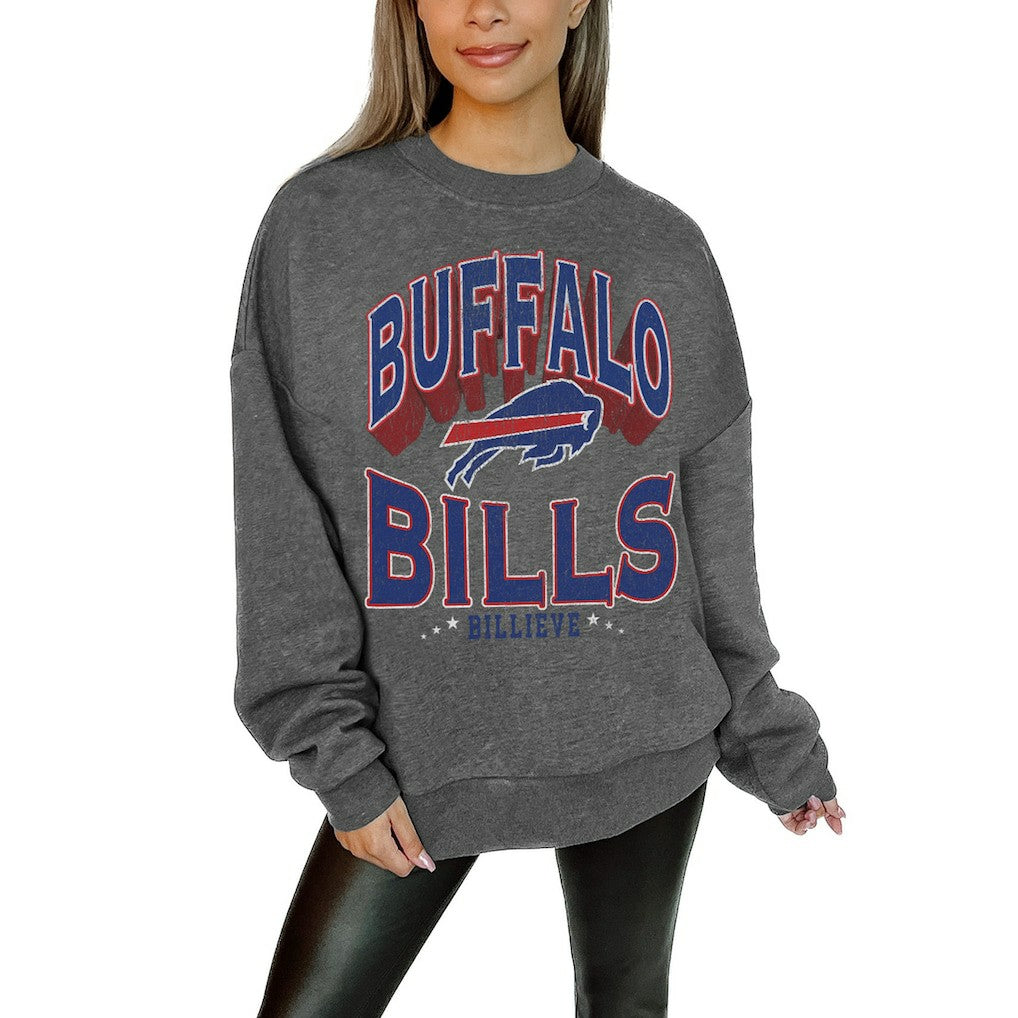 NFL Buffalo Bills Gameday Couture Women's Oversized Long Weekend Premium Fleece Drop Shoulder Pullover Sweatshirt