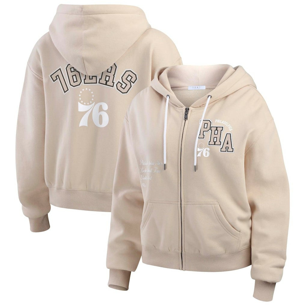 Philadelphia 76ers WEAR by Erin Andrews Women's Plus Size Tonal Felt Patch Full-Zip Hoodie - Cream online