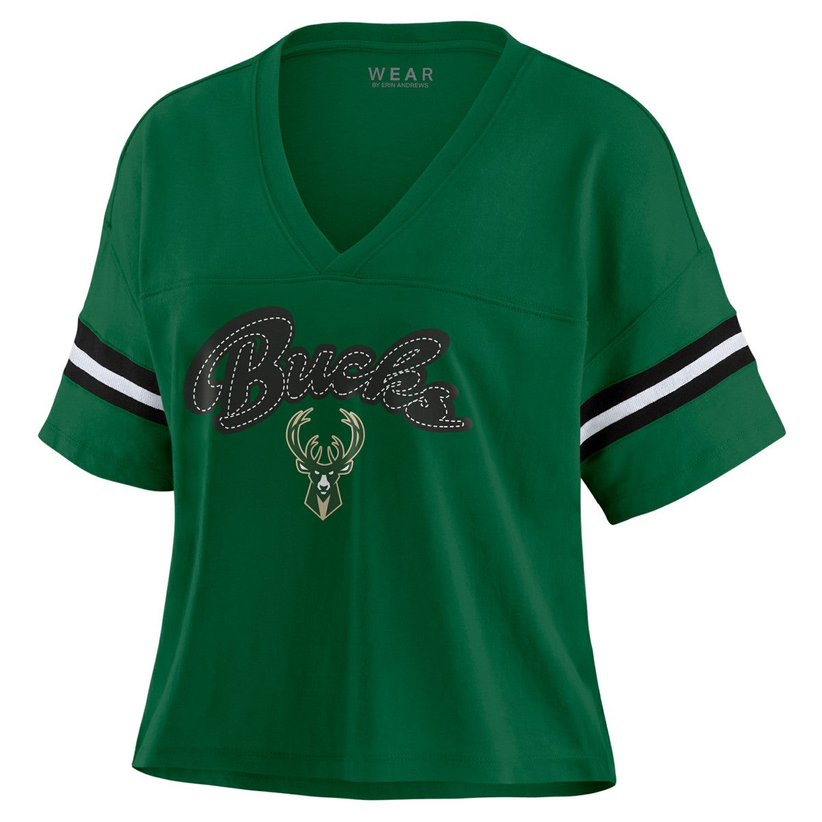 Milwaukee Bucks WEAR by Erin Andrews Women's Color Block Boxy V-Neck T-Shirt - Hunter Green discount
