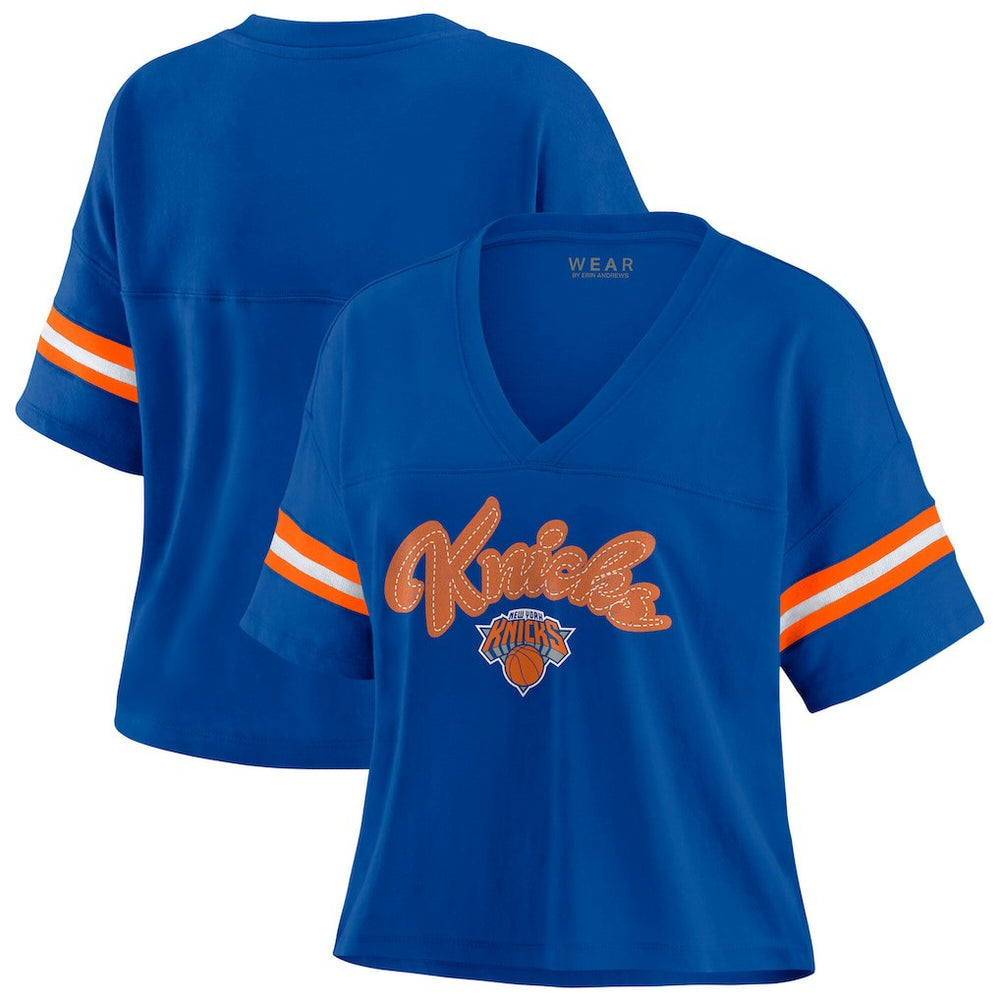 New York Knicks WEAR by Erin Andrews Women's Plus Size Color Block Boxy V-Neck T-Shirt - Blue sale