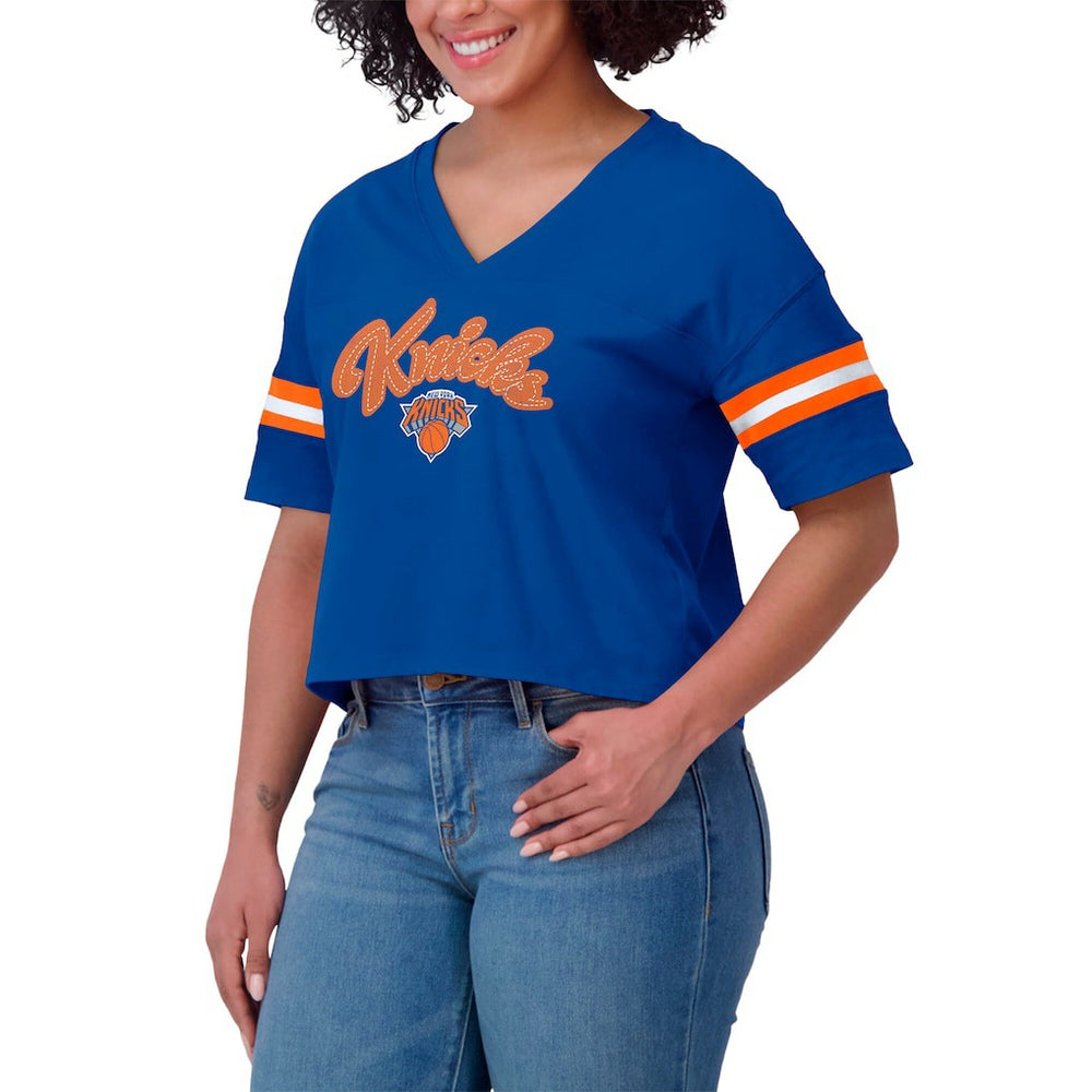 New York Knicks WEAR by Erin Andrews Women's Plus Size Color Block Boxy V-Neck T-Shirt - Blue sale