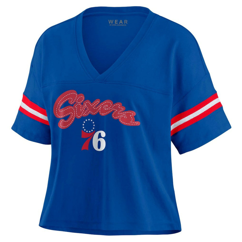 Philadelphia 76ers WEAR by Erin Andrews Women's Plus Size Color Block Boxy V-Neck T-Shirt - Royal outlet