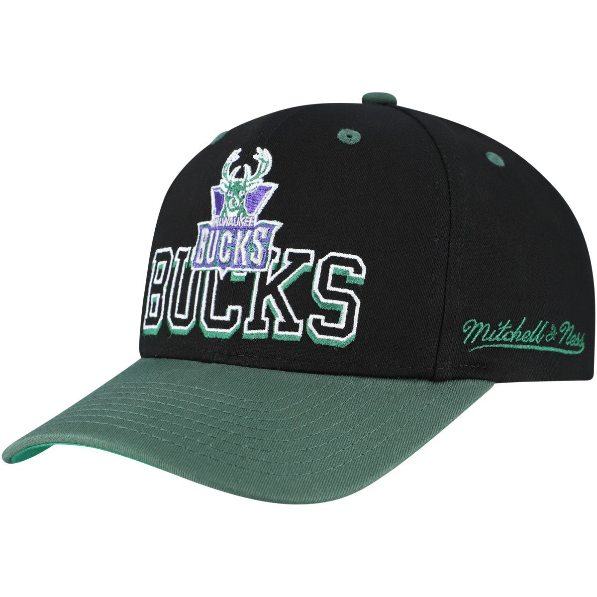Milwaukee Bucks Backside Script Two-Tone Pro Crown Adjustable Hat - Black/Hunter Green | Mitchell & Ness for sale