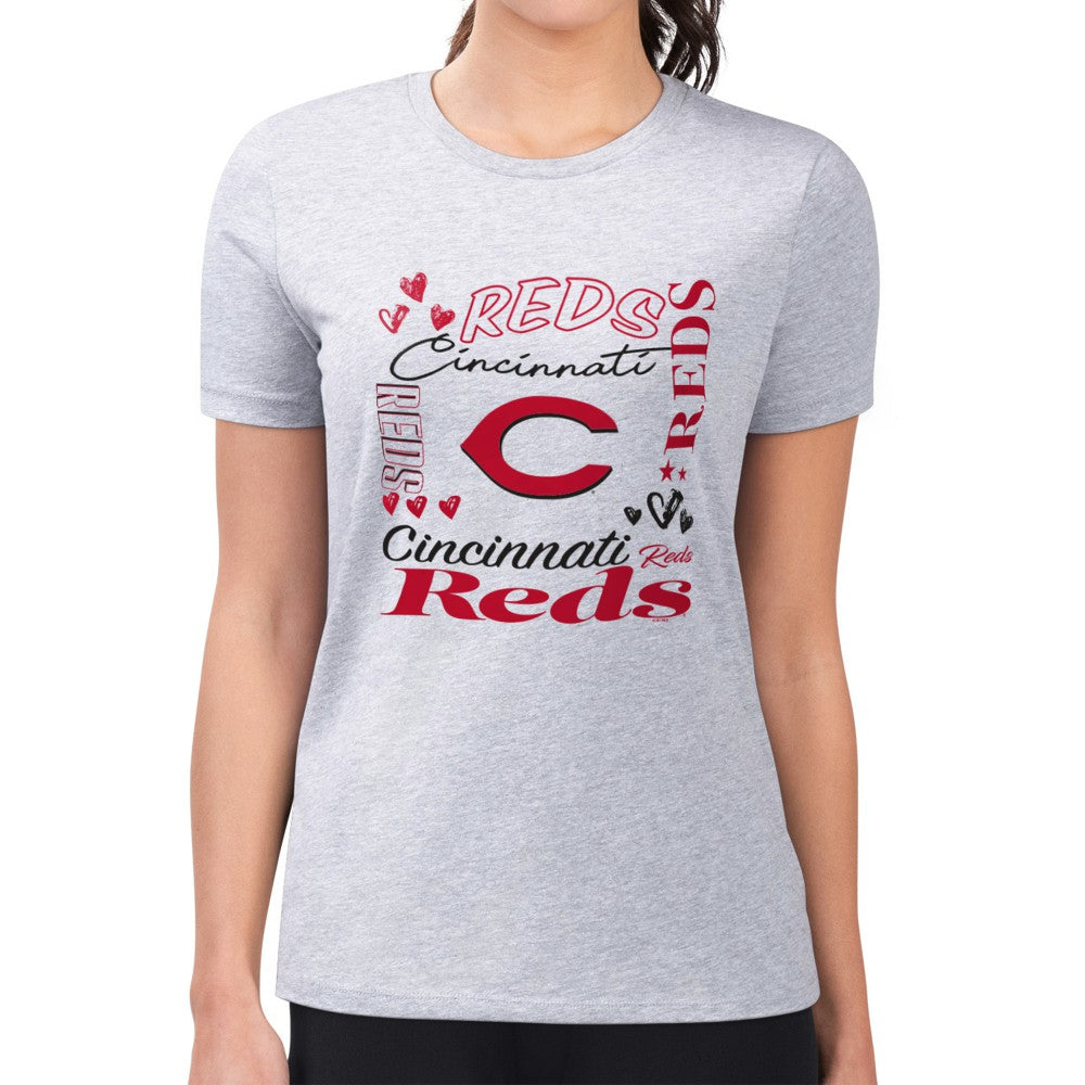 Cincinnati Reds G-III 4Her by Carl Banks Women's Super-Slim Fit Lightweight Collage Team Graphic Crew Neck T-Shirt - Heather Gray