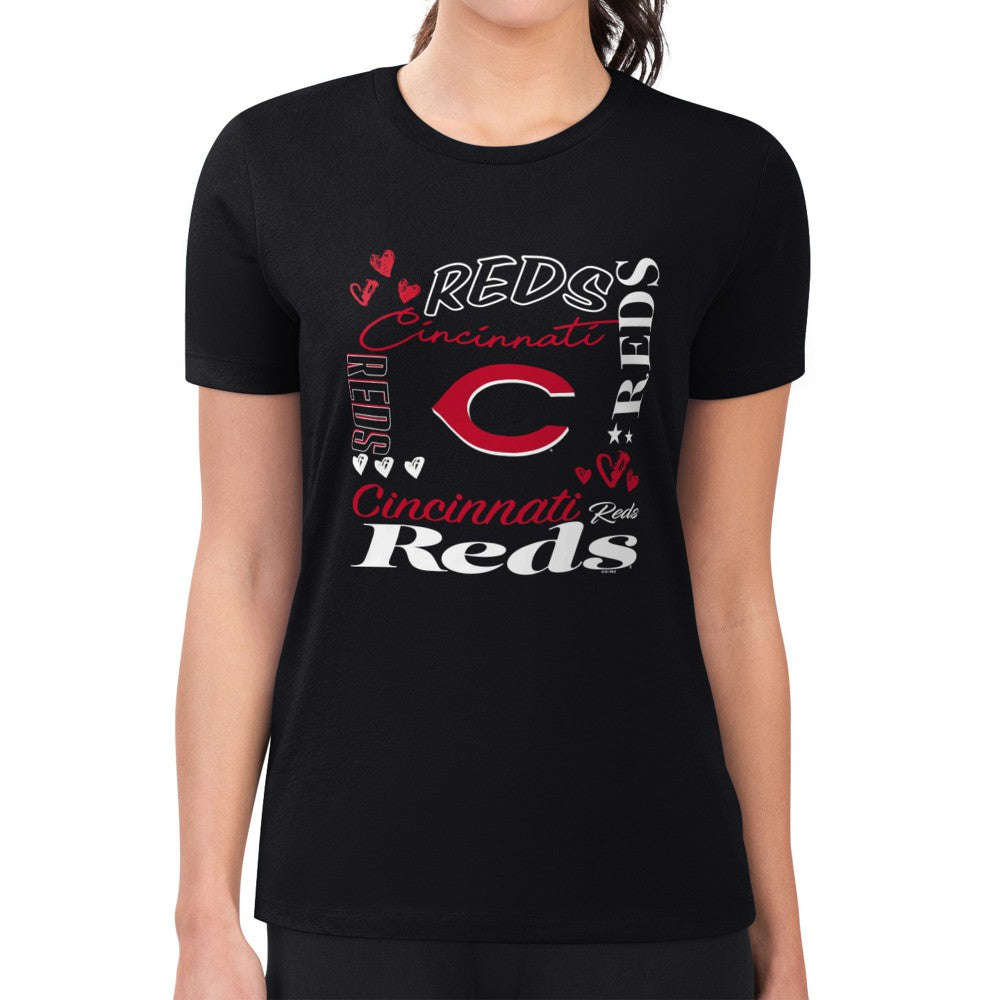 Cincinnati Reds G-III 4Her by Carl Banks Women's Super-Slim Fit Lightweight Collage Team Graphic Crew Neck T-Shirt - Black
