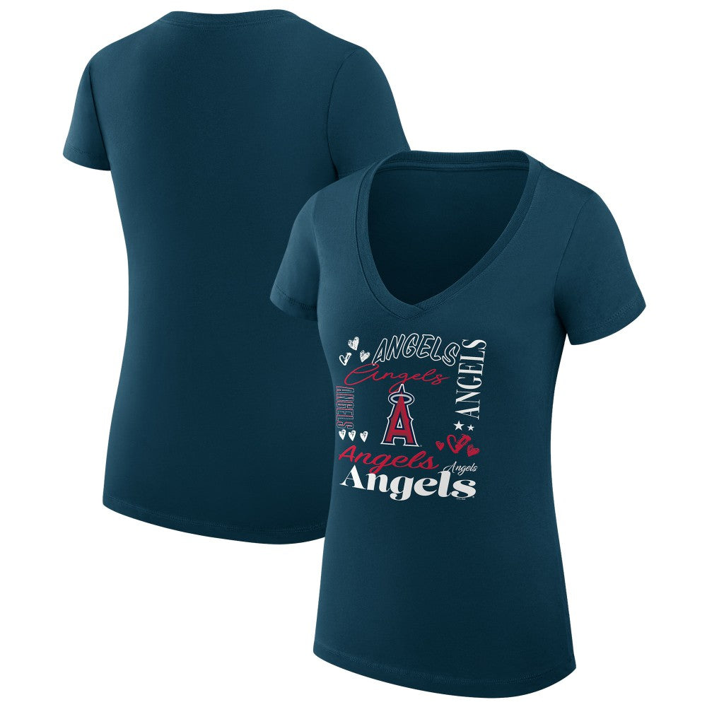 Los Angeles Angels G-III 4Her by Carl Banks Women's Super-Slim Fit Lightweight Collage Team Graphic V-Neck T-Shirt - Navy