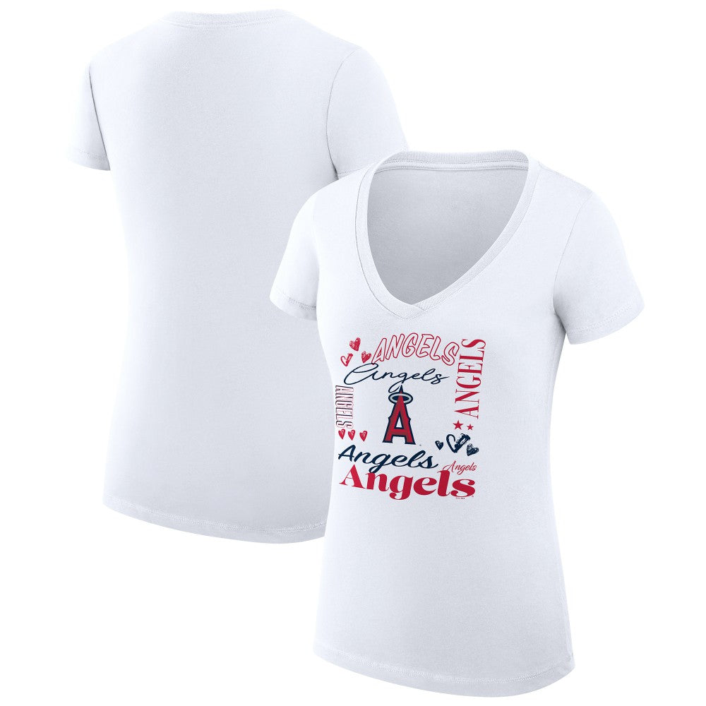 Los Angeles Angels G-III 4Her by Carl Banks Women's Super-Slim Fit Lightweight Collage Team Graphic V-Neck T-Shirt - White