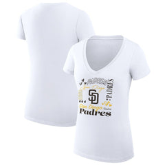 San Diego Padres G-III 4Her by Carl Banks Women's Super-Slim Fit Lightweight Collage Team Graphic V-Neck T-Shirt - White