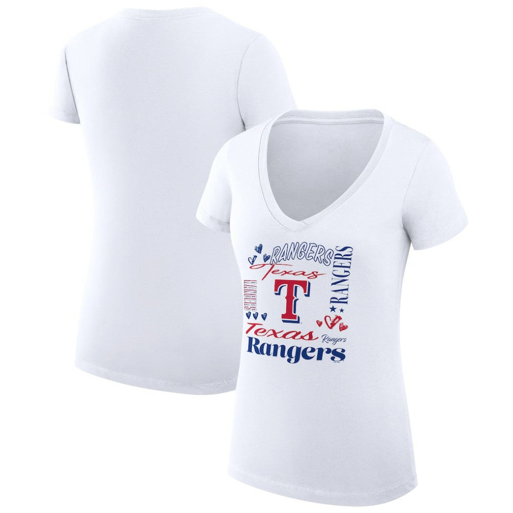Texas Rangers G-III 4Her by Carl Banks Women's Super-Slim Fit Lightweight Collage Team Graphic V-Neck T-Shirt - White