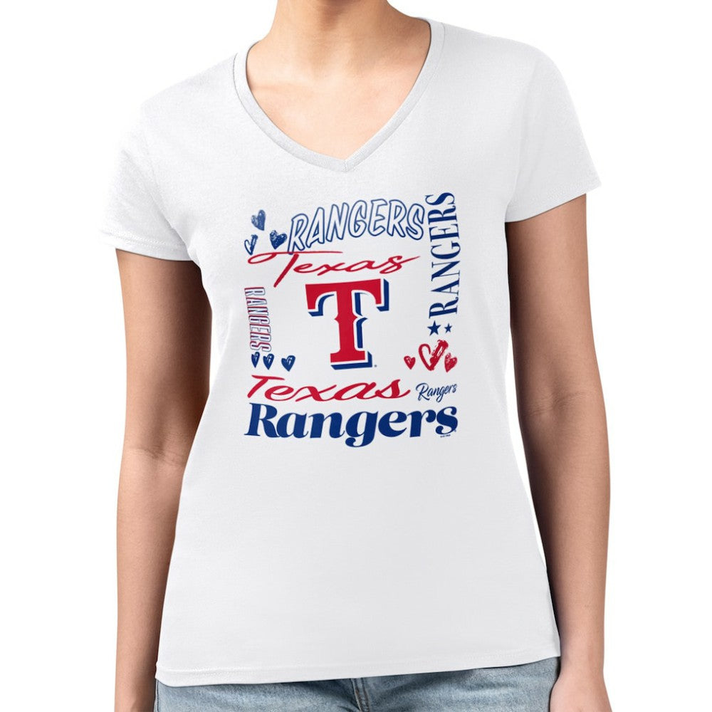 Texas Rangers G-III 4Her by Carl Banks Women's Super-Slim Fit Lightweight Collage Team Graphic V-Neck T-Shirt - White