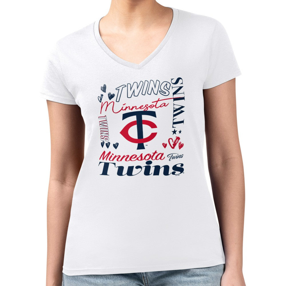 Minnesota Twins G-III 4Her by Carl Banks Women's Super-Slim Fit Lightweight Collage Team Graphic V-Neck T-Shirt - White