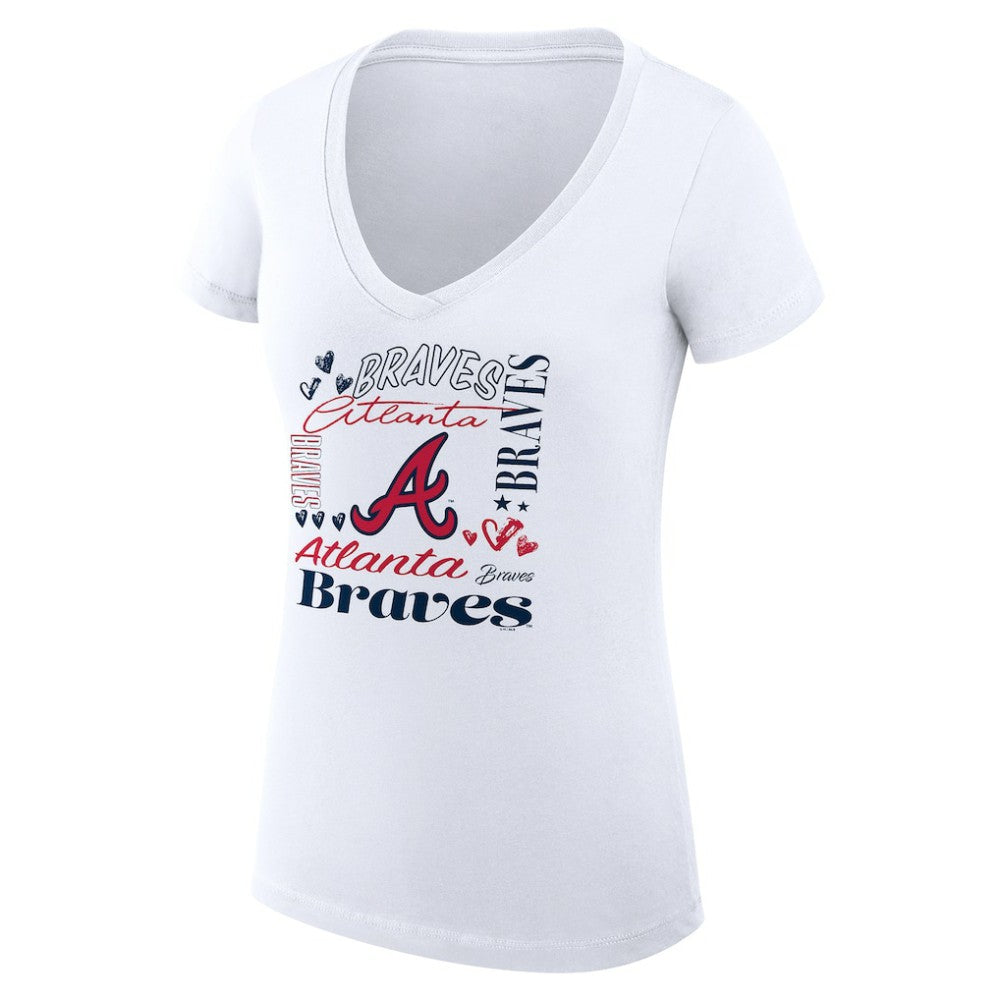Atlanta Braves G-III 4Her by Carl Banks Women's Super-Slim Fit Lightweight Collage Team Graphic V-Neck T-Shirt - White