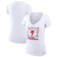 Philadelphia Phillies G-III 4Her by Carl Banks Women's Super-Slim Fit Lightweight Collage Team Graphic V-Neck T-Shirt - White