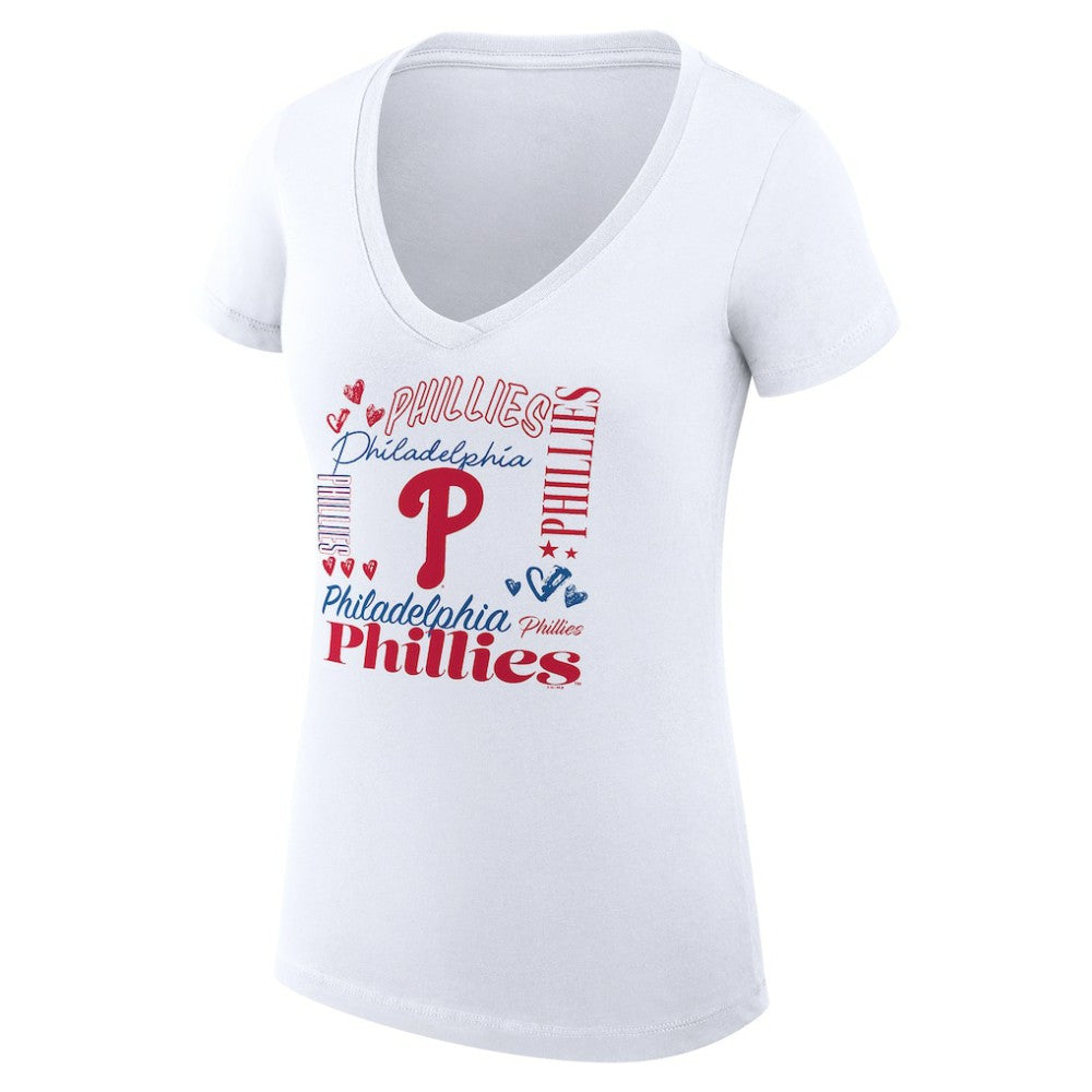 Philadelphia Phillies G-III 4Her by Carl Banks Women's Super-Slim Fit Lightweight Collage Team Graphic V-Neck T-Shirt - White