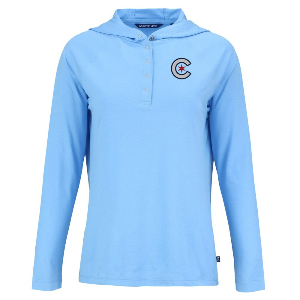 Chicago Cubs Cutter & Buck Women's City Connect Coastline Epic Comfort Eco Recycled Hoodie Raglan Long Sleeve T-Shirt - Powder Blue