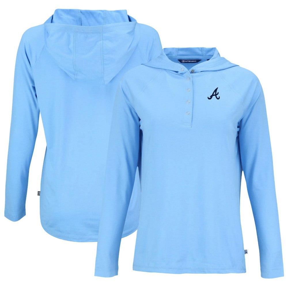 Atlanta Braves Cutter & Buck Women's  Coastline Epic Comfort Eco Recycled Hoodie Raglan Long Sleeve T-Shirt - Powder Blue