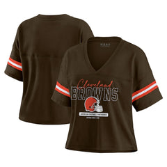 NFL Cleveland Browns WEAR by Erin Andrews Women's Color Block Boxy Modest Crop V-Neck T-Shirt
