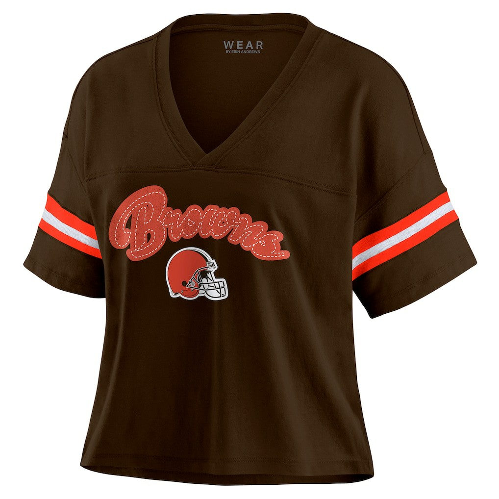 NFL Cleveland Browns WEAR by Erin Andrews Women's Color Block Boxy Modest Crop V-Neck T-Shirt