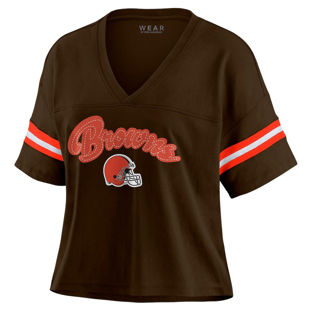 NFL Cleveland Browns WEAR by Erin Andrews Women's Color Block Boxy Modest Crop V-Neck T-Shirt