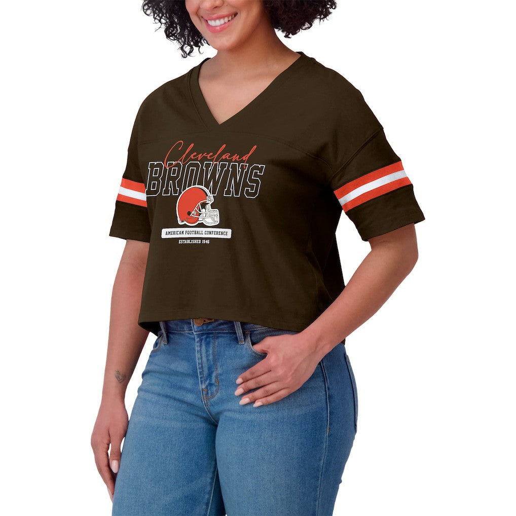 NFL Cleveland Browns WEAR by Erin Andrews Women's Color Block Boxy Modest Crop V-Neck T-Shirt