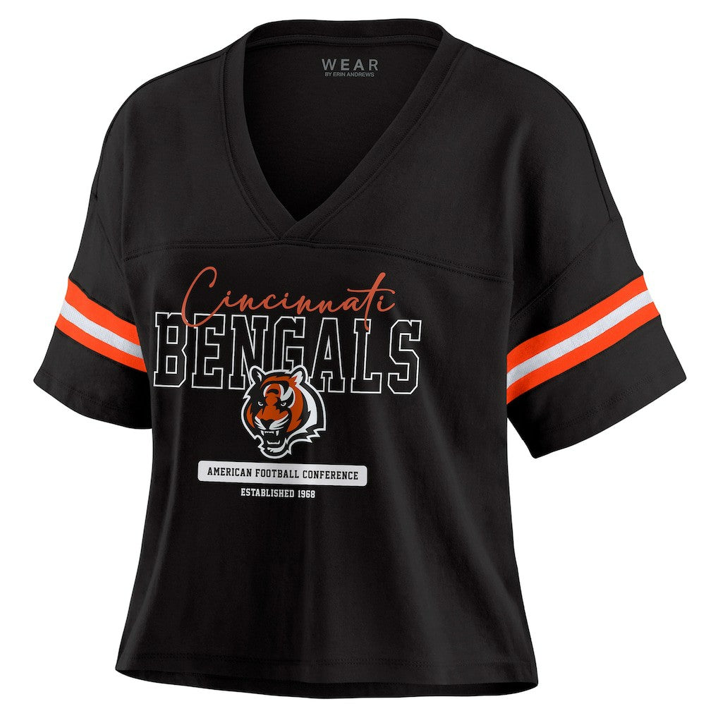 NFL Cincinnati Bengals WEAR by Erin Andrews Women's Color Block Boxy Modest Crop V-Neck T-Shirt
