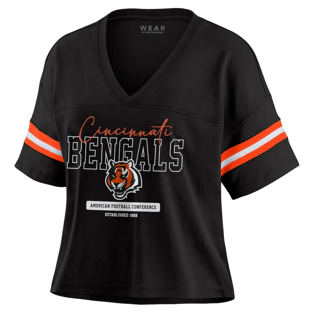 NFL Cincinnati Bengals WEAR by Erin Andrews Women's Color Block Boxy Modest Crop V-Neck T-Shirt