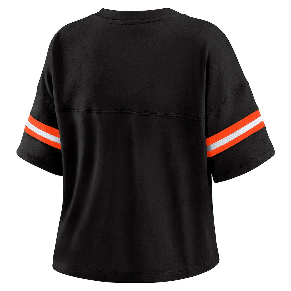NFL Cincinnati Bengals WEAR by Erin Andrews Women's Color Block Boxy Modest Crop V-Neck T-Shirt