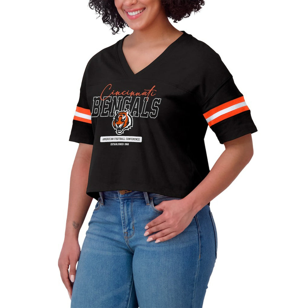 NFL Cincinnati Bengals WEAR by Erin Andrews Women's Color Block Boxy Modest Crop V-Neck T-Shirt