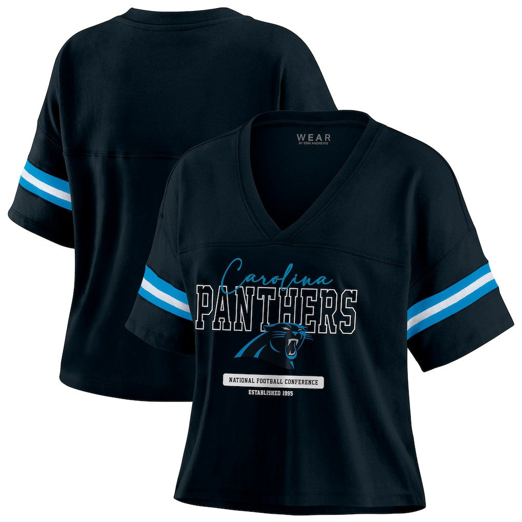 NFL Carolina Panthers WEAR by Erin Andrews Women's Color Block Boxy Modest Crop V-Neck T-Shirt