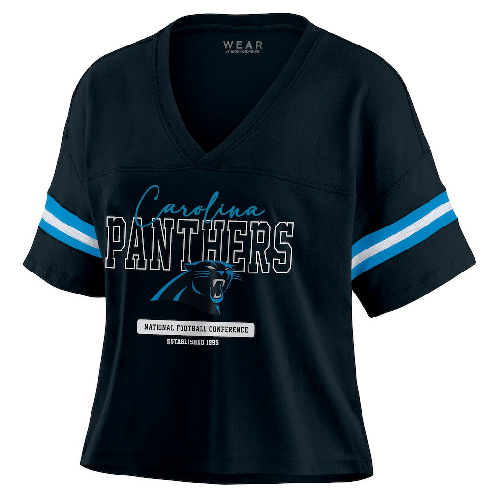 NFL Carolina Panthers WEAR by Erin Andrews Women's Color Block Boxy Modest Crop V-Neck T-Shirt