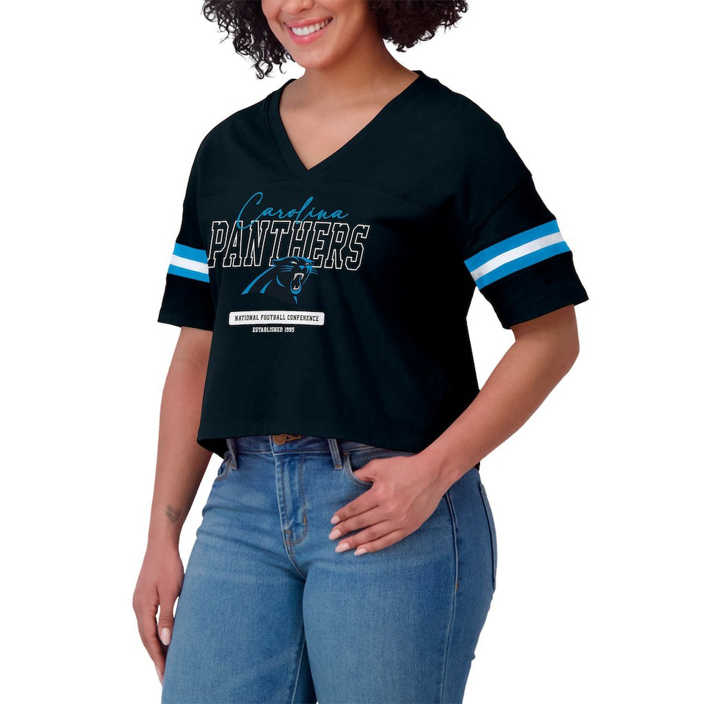 NFL Carolina Panthers WEAR by Erin Andrews Women's Color Block Boxy Modest Crop V-Neck T-Shirt