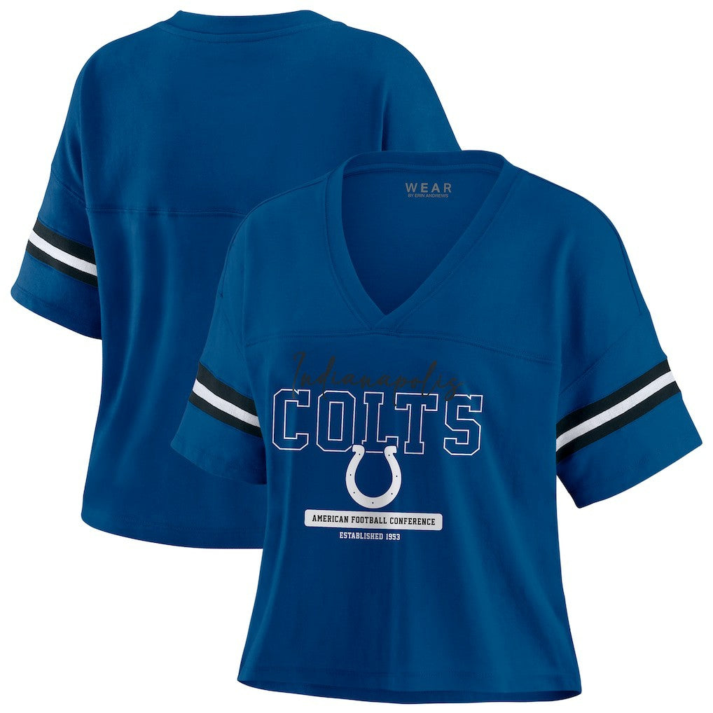 NFL Indianapolis Colts WEAR by Erin Andrews Women's Color Block Boxy Modest Crop V-Neck T-Shirt