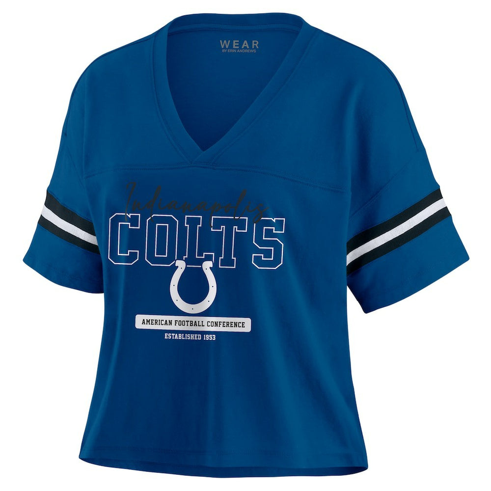 NFL Indianapolis Colts WEAR by Erin Andrews Women's Color Block Boxy Modest Crop V-Neck T-Shirt