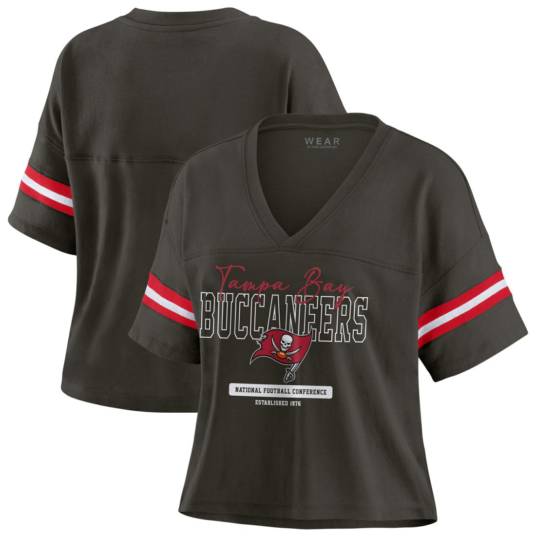 NFL Tampa Bay Buccaneers WEAR by Erin Andrews Women's Color Block Boxy Modest Crop V-Neck T-Shirt