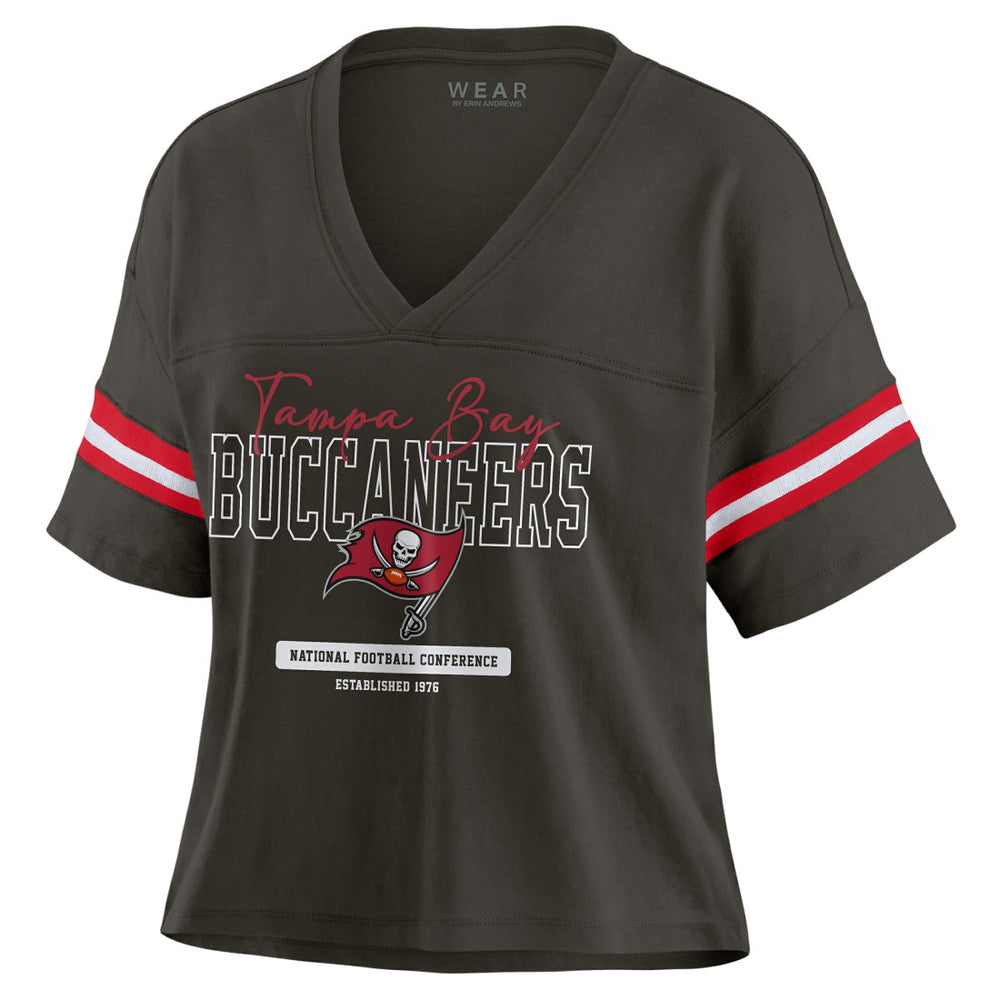 NFL Tampa Bay Buccaneers WEAR by Erin Andrews Women's Color Block Boxy Modest Crop V-Neck T-Shirt