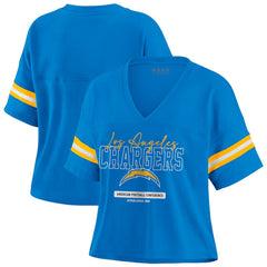 NFL Los Angeles Chargers WEAR by Erin Andrews Women's Color Block Boxy Modest Crop V-Neck T-Shirt