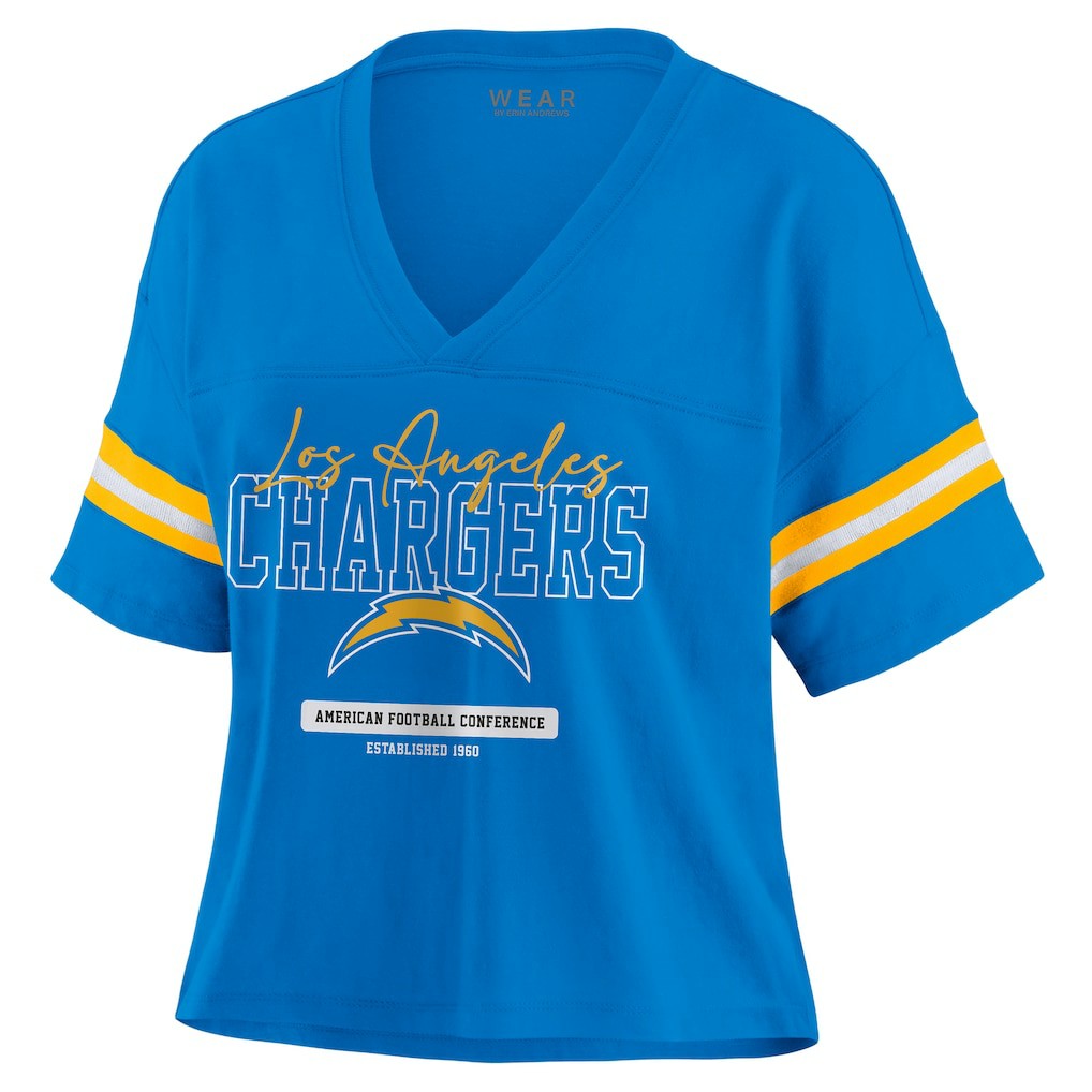 NFL Los Angeles Chargers WEAR by Erin Andrews Women's Color Block Boxy Modest Crop V-Neck T-Shirt