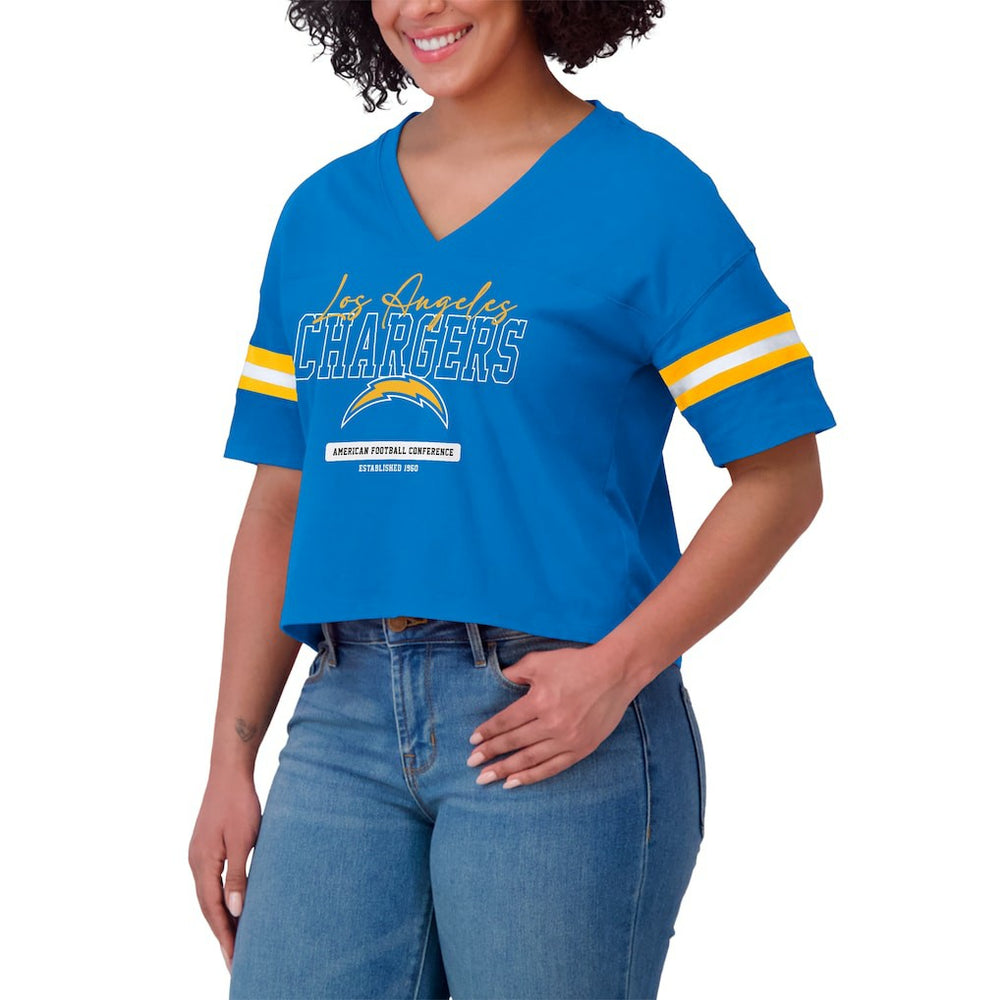 NFL Los Angeles Chargers WEAR by Erin Andrews Women's Color Block Boxy Modest Crop V-Neck T-Shirt