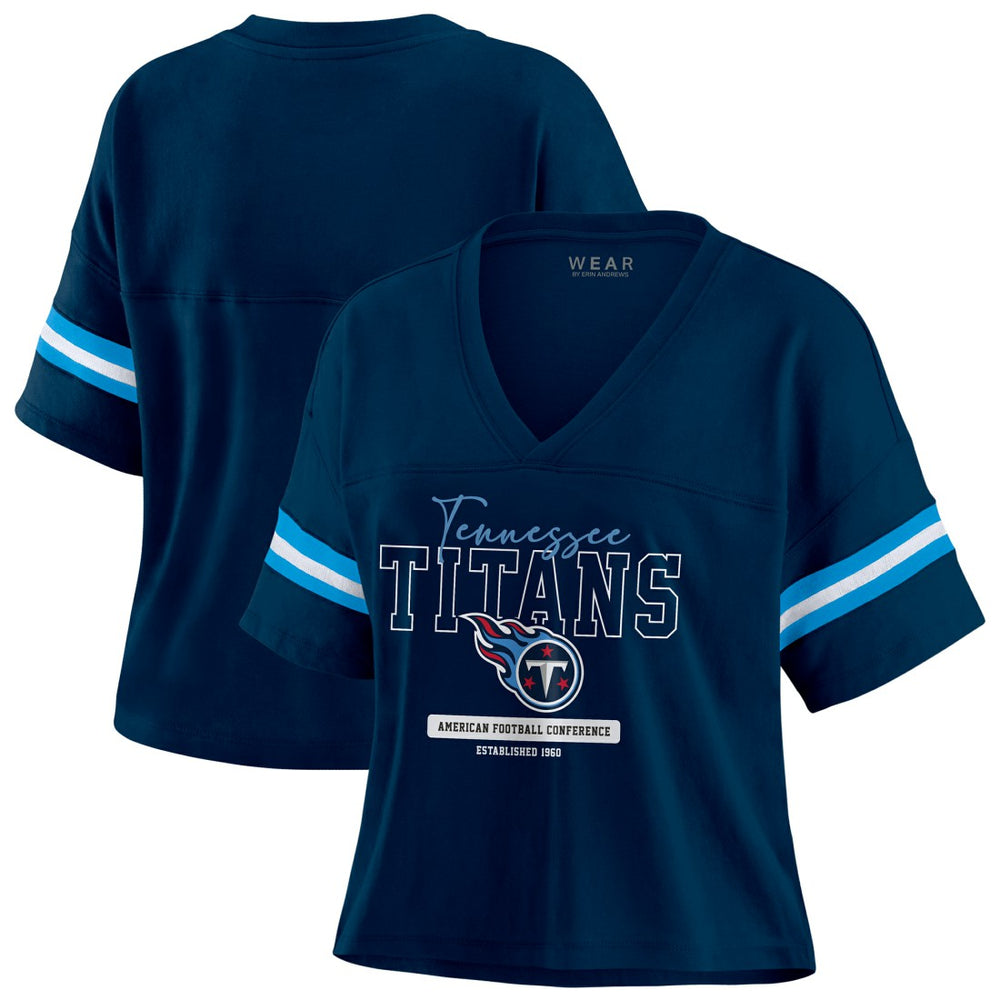 NFL Tennessee Titans WEAR by Erin Andrews Women's Color Block Boxy Modest Crop V-Neck T-Shirt