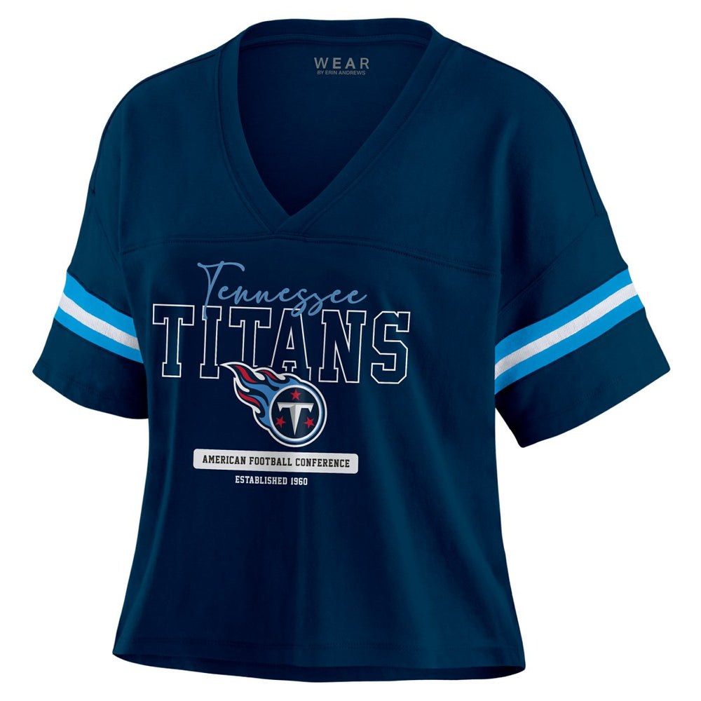 NFL Tennessee Titans WEAR by Erin Andrews Women's Color Block Boxy Modest Crop V-Neck T-Shirt