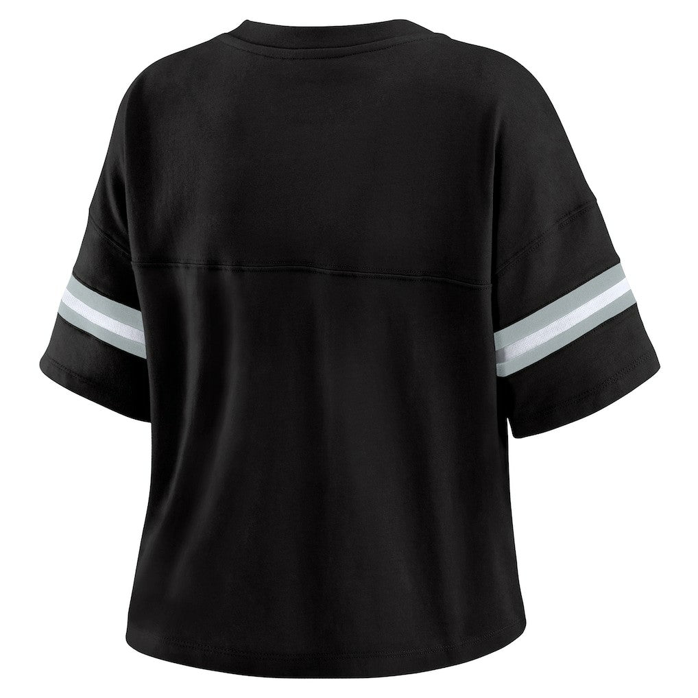 NFL Las Vegas Raiders WEAR by Erin Andrews Women's Color Block Boxy Modest Crop V-Neck T-Shirt